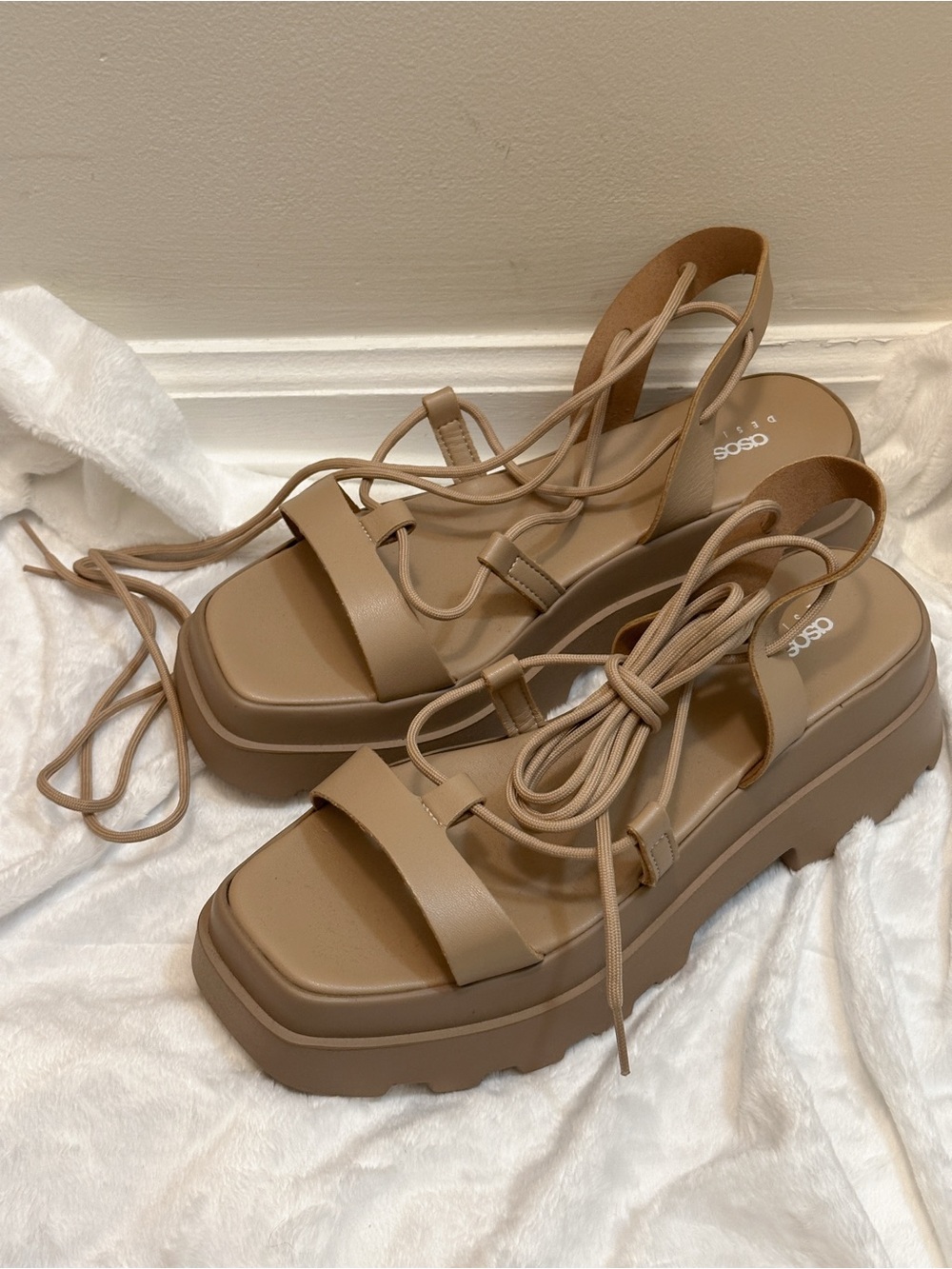 ASOS Design Tan Toni Tie Leg Flatform Strappy Lace Up Platform Chunky Sandals
